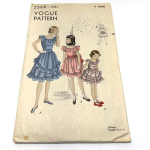 Vogue Vintage 1940's Pattern #2568 Girls One Piece Ruffle Dress Size 6 Years HTF